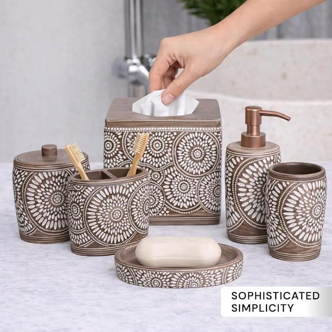 6-Piece Bathroom Accessories Set – Soap Dispenser, Toothbrush Holder, Tumbler, Soap Dish, Cotton Swab Jar & Toilet Brush – Modern Bathroom Decor Set (Ciccone) - ModernBath