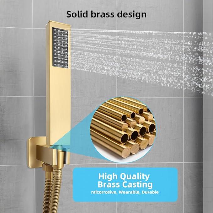 TENIGXT Bathroom Shower Faucet Set，10 Inch Rain Shower Head with Handheld Spray，Brass Shower Valve Trim Kit，Wall Mounted Square Rain Shower System (Brushed Gold) - ModernBath