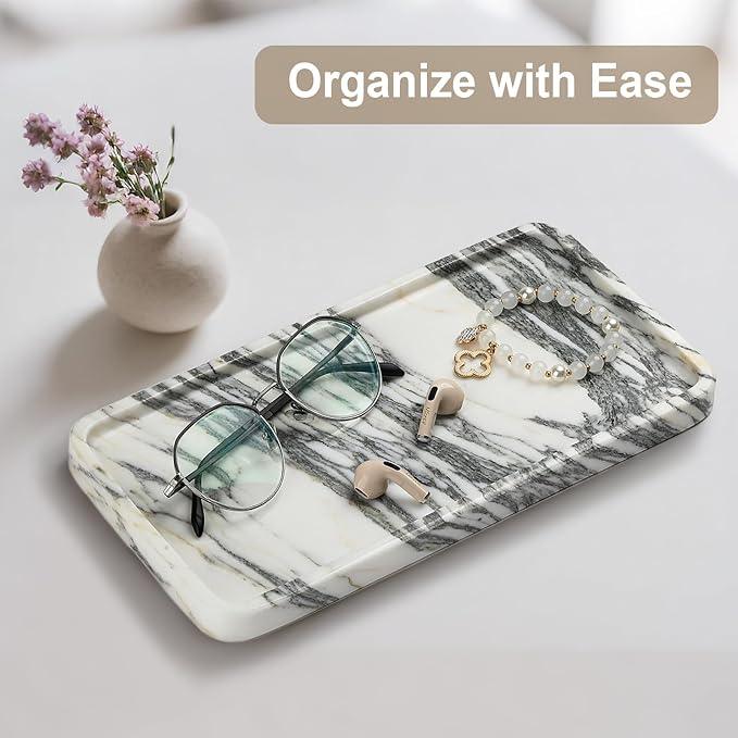 Natural Marble Vanity Tray - Moujings Genuine Marble Perfume Tray for Bathroom Decor, Stone Bathroom Vanity Organizer Tray for Kitchen Counter, Candles, Jewelry, Coffee, Makeup, Key - ModernBath