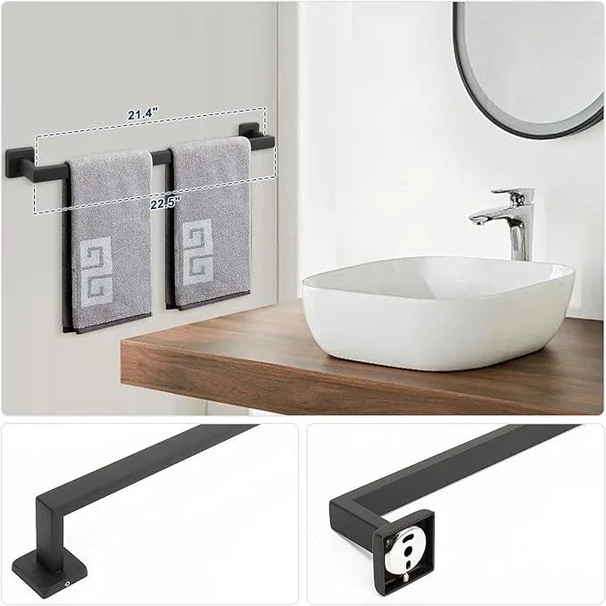 NearMoon 5 Pieces Bathroom Hardware Set 304 Stainless Steel, Square Towel Rack Kit - 24" Towel Rod + Towel Ring + Toilet Paper Holder + 2 Robe Hooks, Wall Mounted Bath Accessories (Matte Black) - ModernBath