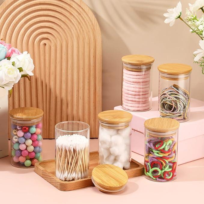6 Pack Glass Apothecary Jars with Lids Bamboo Bathroom Accessories Cotton Balls Pads Swabs Holder Jar Bathroom Canisters for Vanity Accessories Storage - ModernBath