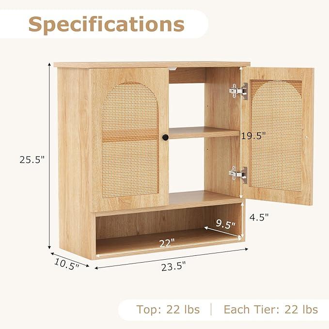 Tangkula Wall-Mounted Medicine Cabinet, with 2 Faux Rattan Doors & Adjustable Shelves, Open-Back Bathroom Cabinet Over The Toilet, Boho Hanging Storage Cupboard for Laundry Kitchen (No Back, Natural) - ModernBath