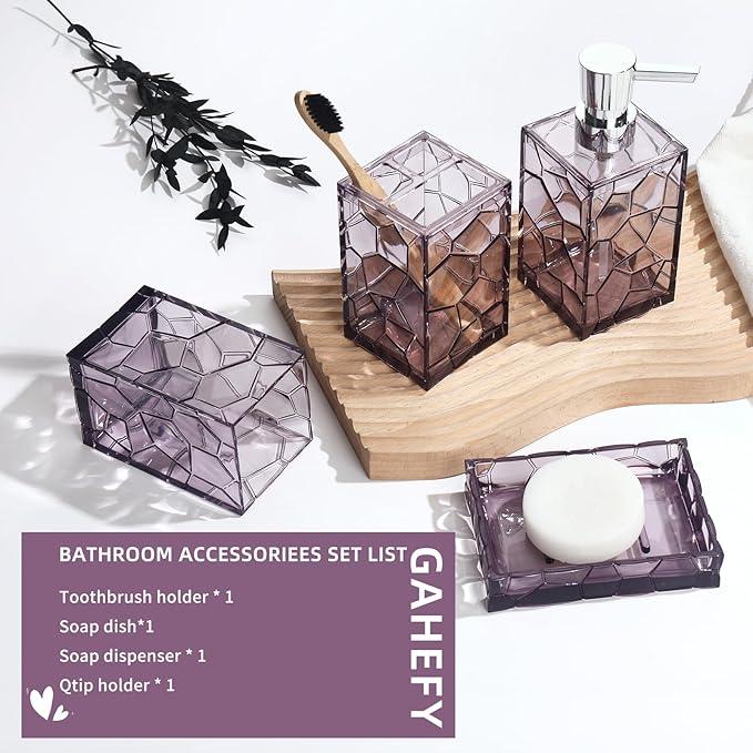 GAHEFY Lavender Purple Bathroom Accessories Set with Toothbrush Holder, Soap Dispenser, Tumbler, Soap Dish, Purple Bathroom Decor,Acrylic (Purple-4pcs) - ModernBath
