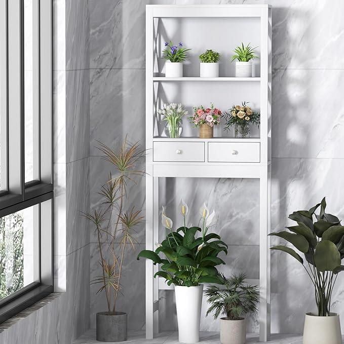 Giantex Over The Toilet Storage Cabinet with 2 Drawers, Over Toilet Bathroom Organizer with 2 Open Shelves, Freestanding Space Saver Above Toilet for Restroom, White - ModernBath