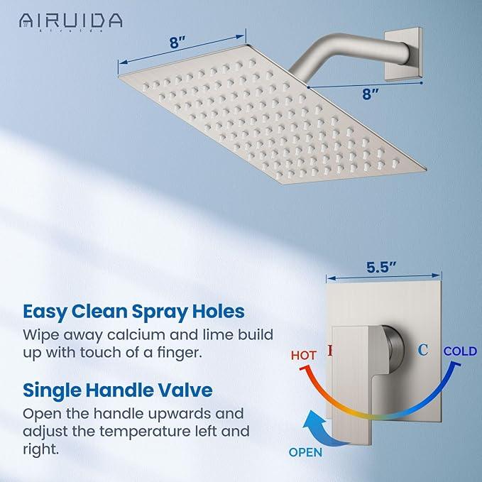 Airuida Shower Faucet Set Bathroom Rain Shower System SUS304 Stainless Steel Single Handle With Male Threads Rough-in Valve Shower Trim Kit 8 Inch Wall Mount Shower Head Brushed Nickel - ModernBath