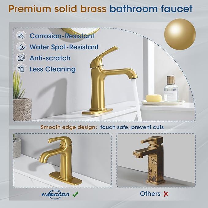 Single Hole Bathroom Faucet,‎Bathroom Sink Faucet,Brushed Gold Bathroom Faucet 1 Hole,with Pop Up Drain and cUPC Supply Lines for Vanity,Lavatory RV Farmhouse (HG-8901-BG) - ModernBath