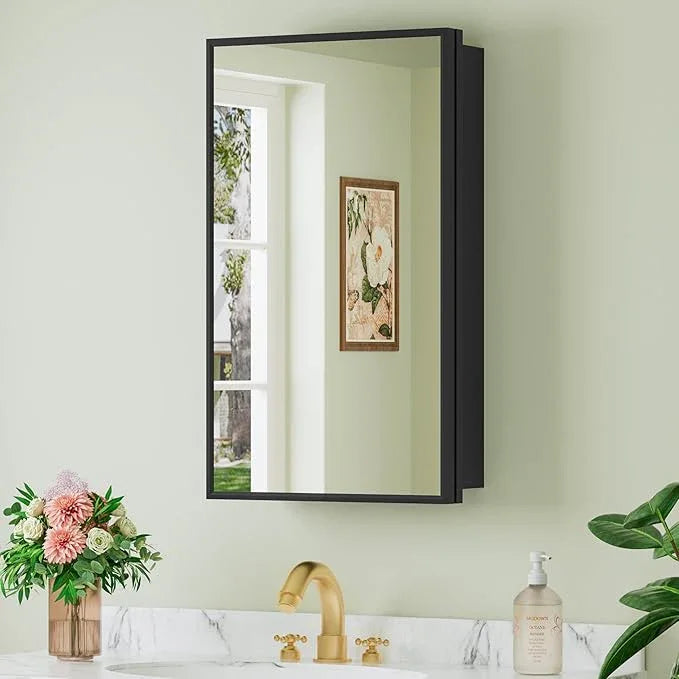 Buruis 14"x 24" Framed Medicine Cabinet with Mirror, Recessed or Wall Mounted Bathroom Cabinet, Adjustable Tempered Glass Shelves, Left/Right Open Reversible, No Assembly Required, Black - ModernBath