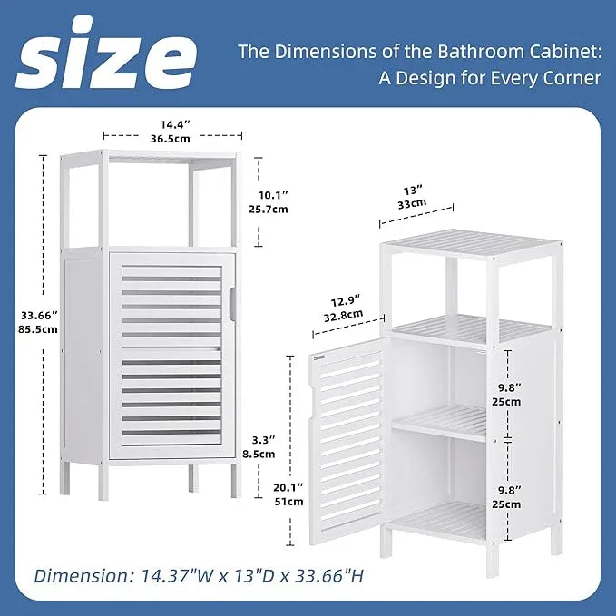 HITNET Bamboo Bathroom Storage Cabinet, 4 Tier Small White Floor Cabinet with Single Door, Free Standing Slim Narrow Storage Organizer for Bedroom Living Room - ModernBath