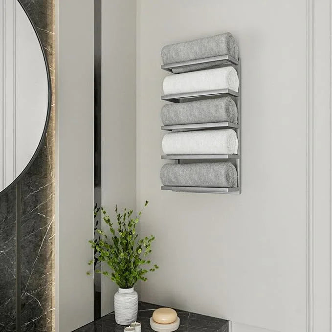 Modern Tiered Towel Rack - Wall-Mounted Metal Towel Shelf for Bathroom, Space-Saving Storage for Towels, Organizers, and Home Decor (Satin Nickel, 5-Tier) - ModernBath