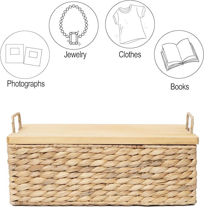 Handmade Water Hyacinth Woven Storage Basket with Lid, Multi - Functional Wicker Organizing Baskets (Small) - ModernBath