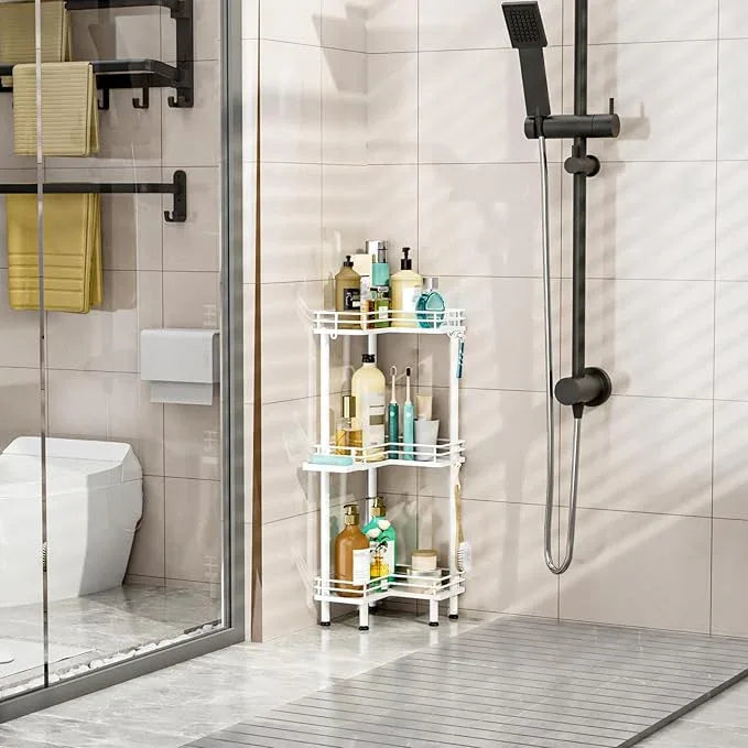 HapiRm Corner Shower Caddy Standing - 3 Tier Shower Organizer Corner with Soap Holder, Rustproof Bathroom Standing Organizer with 4 Hooks, White - ModernBath