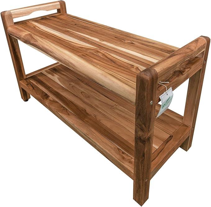 EcoDecors Eleganto 34 Inch Natural Color Waterproof Teak Wood Shower Bench Stool Seat Chair For Inside Shower Provides Safety, Storage, and Organization For Bathroom Accessories - ModernBath