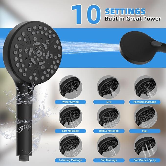 All Metal Shower Head, 8" High Pressure Rainfall/Handheld Shower Combo with 11" Extension Arm, 10-Spray Handheld Showerhead, 71" Long Hose, 3-Way Diverter Valve, Matte Black - ModernBath