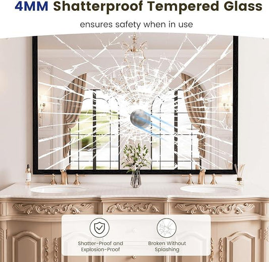 WEER Black Framed Mirror for Bathroom, 40x30 Inch Framed Bathroom Mirror, Rectangular Wall Mounted Mirror, Matte Black Vanity Mirrors, Tempered Glass, Vertically or Horizontally, Anti-Rust - ModernBath