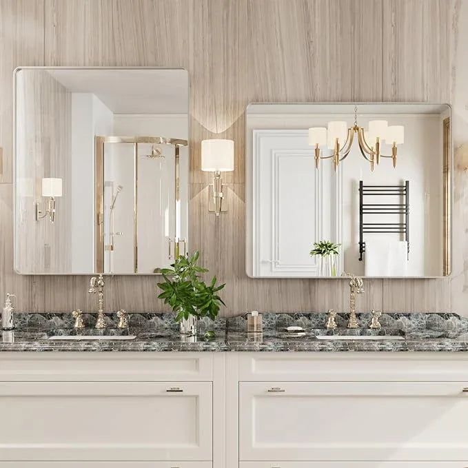JISOSO Brushed Nickel Bathroom Mirror, 30x36 Inch Thick Silver Metal Rectangle Frame Wall Mirror, Modern Round Corner Bathroom Vanity Mirror for Over Sink, Bedroom, Living Room, Entryway - ModernBath