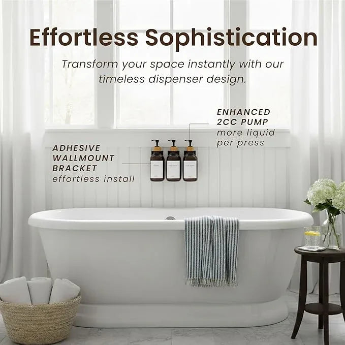 MaisoNovo Shampoo and Conditioner Dispenser - Shower Soap Dispenser Wall Mounted - 16.9 fl oz Set of 3 Amber Plastic Bottles Black Bamboo Pump - Shampoo Dispenser, Shower Dispenser 3 Chamber No Drill - ModernBath