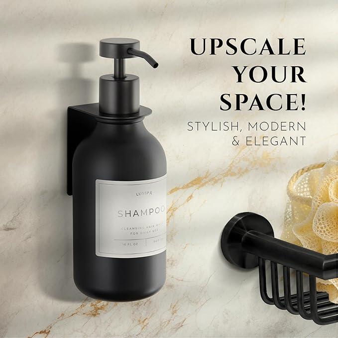 Shampoo & Conditioner Dispenser - Shower Soap Dispenser Wall Mounted - 16.9 Oz Plastic Bottle with Pump & Holder - Shampoo Dispenser - Shower Dispenser Chamber No Drill (1 X Black) - ModernBath