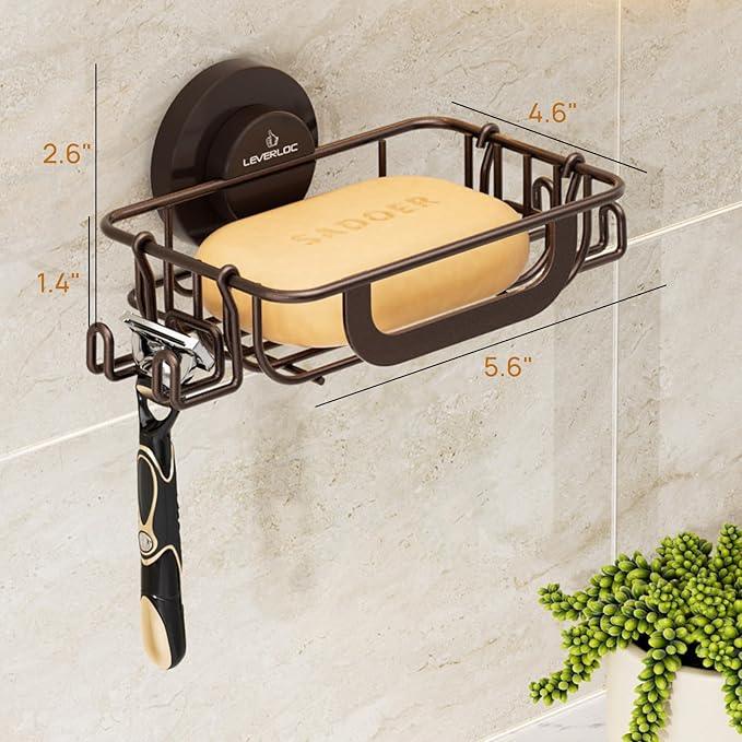 LEVERLOC Soap Holder Dish with Hooks for Shower, Bar Suction Cup Soap Tray Wall Mounted, Rustproof Stainless Steel Sponge Holder Caddy for Bathroom Bathtub Kitchen Sink, Brown - ModernBath