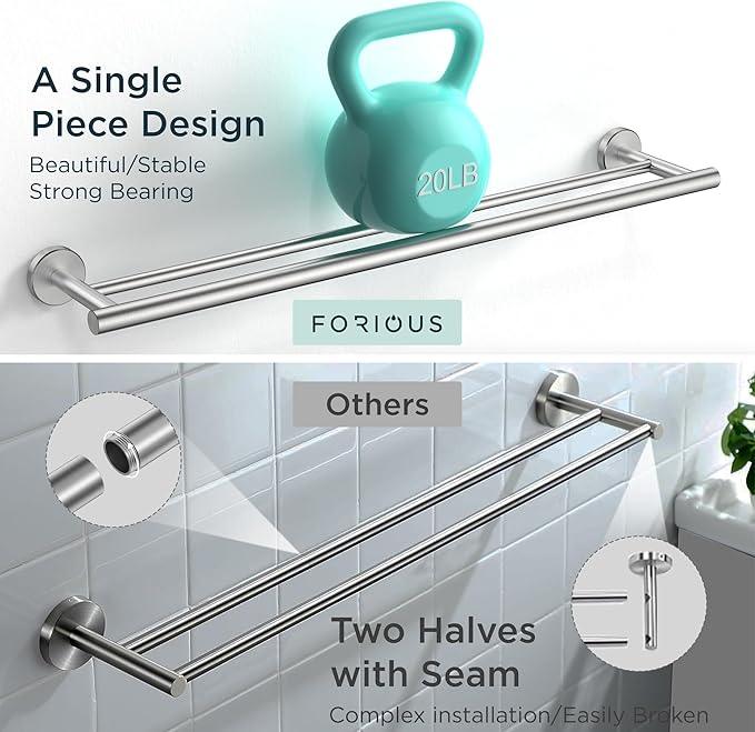 FORIOUS Double Towel Bar, 24 Inch Double Towel Racks for Bathroom, Heavy Duty SUS304 Stainless Steel Towel Bar Brushed Nickel, Includes Wall Mounting Hardware, Brushed Nickel - ModernBath