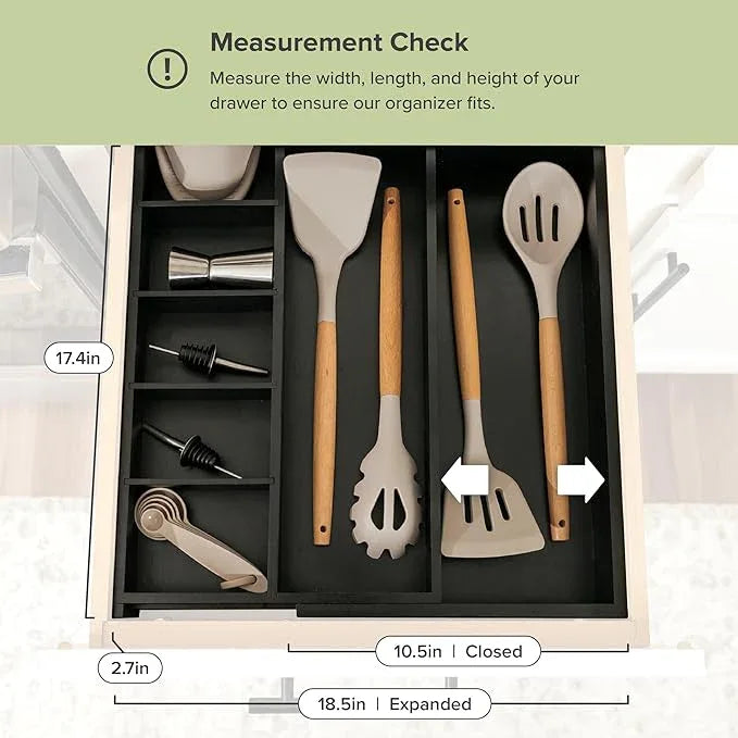 KitchenEdge Adjustable Kitchen Drawer Organizer for Utensils and Junk, Food-Safe Contract Grade with 100% Sustainable Wood, Expandable from 10.5 to 19 Inches Wide - Black Bamboo - ModernBath