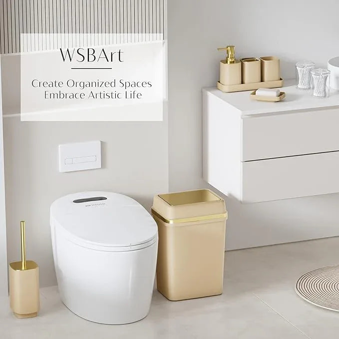 9PCS Bathroom Accessory Set, Beige Bathroom Set with Large-Capacity 4 Gallon Trash Can, Bathroom Accessories Set Complete, Toothbrush Holder, Soap Dispenser, Toilet Brush, Bathroom Decor - ModernBath