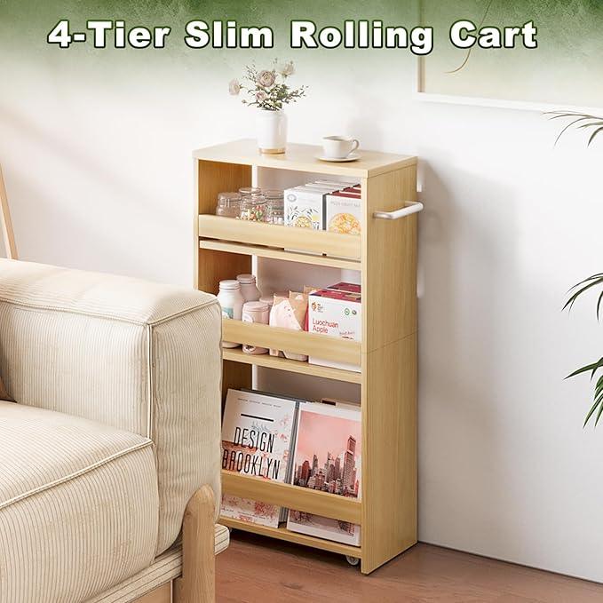 MARTY Rolling Storage Cart 7.9" W, 4-Tier Kitchen Cart with Wheels Handle, Slim Storage Cart Mobile Shelving Utility Carts for Bathroom Laundry Room Organization Narrow Places (Maple) - ModernBath