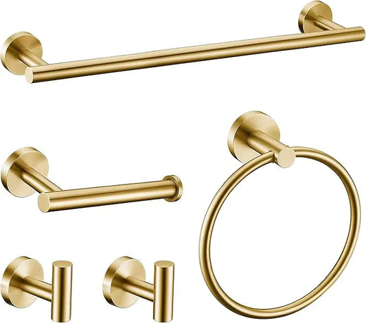 5 Pieces Brushed Gold Bathroom Hardware Accessories Set, SUS304 Stainless Steel 24 Inch Bath Towel Bar Set, Round Bathroom Towel Holder Set, Towel Racks for Bathroom Wall Mounted - ModernBath