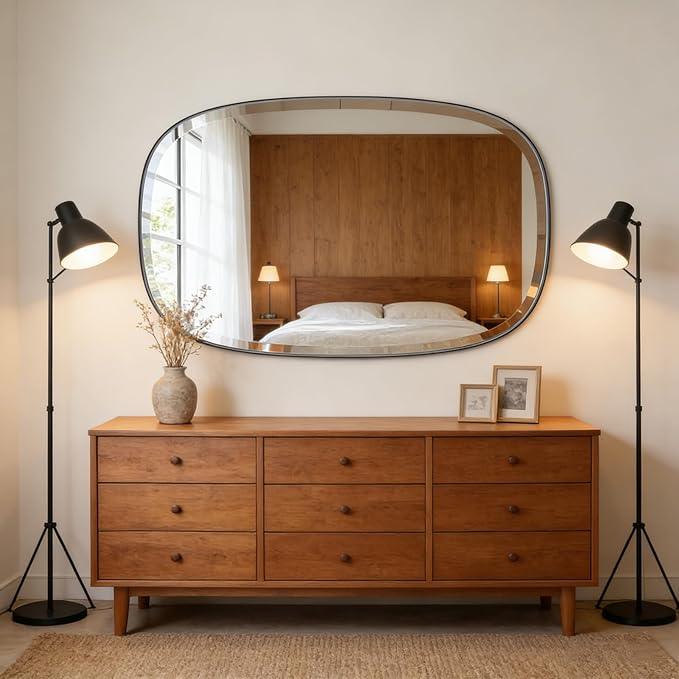 POZINO Gold Beveled Mirror, 28"x48" Modern Rounded Rectangle Mirrors, Large Brass Oval Mirrors, Oblong Vanity Wall Mirror for Bedroom Living Room Entryway Fireplace, Hangs Horizontal Or Vertical - ModernBath