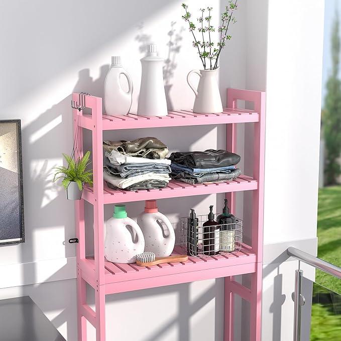 Homykic Bamboo Over The Toilet Storage Shelves, 3-Tier Above Toilet Storage Organizer Rack with 3 Hooks, Freestanding Bathroom Tower Shelf Unit for Small Space, No Rust, Easy to Assemble, Pink - ModernBath
