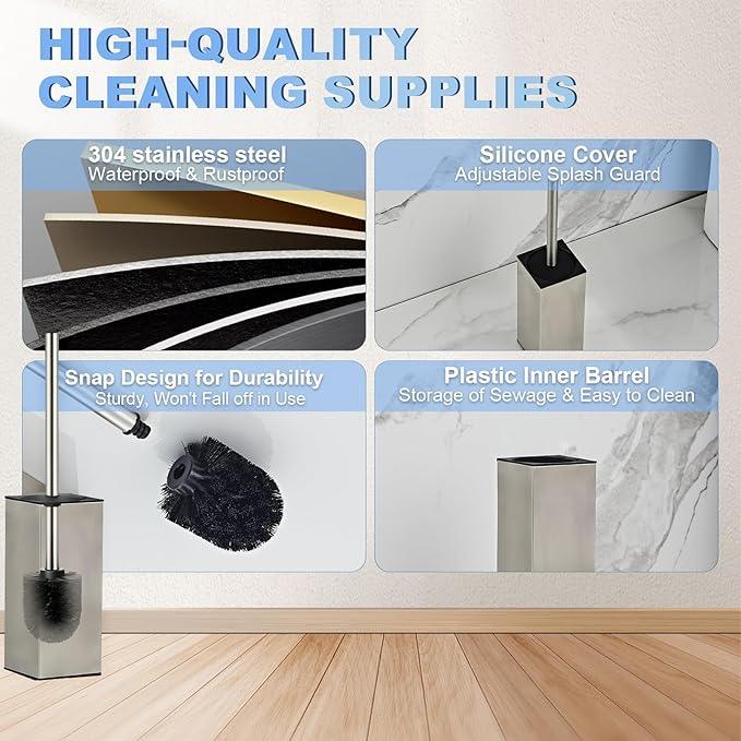Toilet Brush and Holder Set, NEWRAIN Stainless Steel Toilet Brush with Long Brush Handle, Brushed Nickel Toilet Scrubber and Covered Holder, Square Design Sturdy and Space Saving, Covered Brush - ModernBath