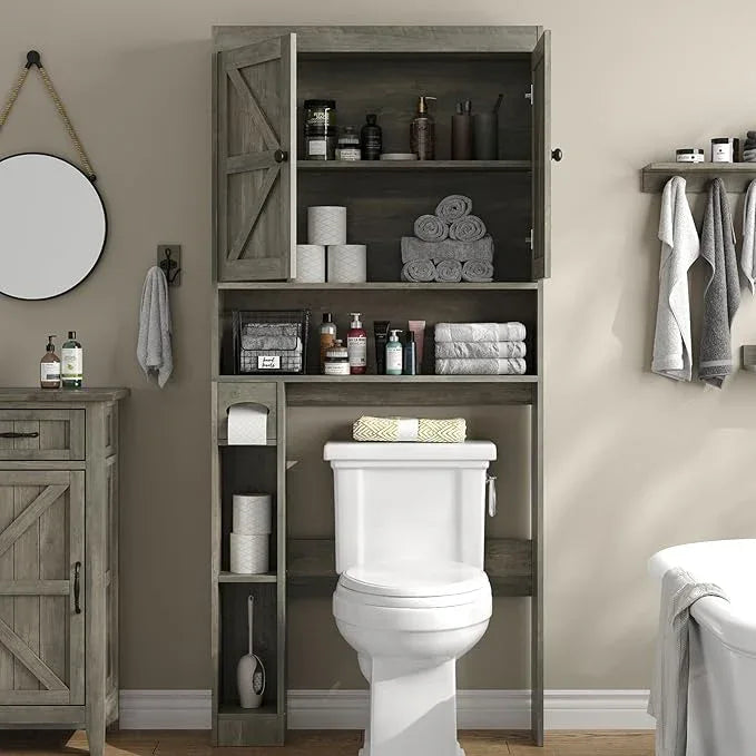 Furnideco 32.3''W Over The Toilet Storage Cabinet with Barn Doors, Over Toilet Shelf Farmhouse Storage Cabinet Space Saver with Toilet Paper Holder & Adjustable Bottom Bar, Gray - ModernBath