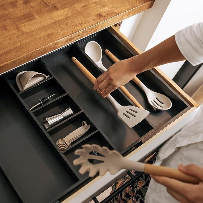 KitchenEdge Adjustable Kitchen Drawer Organizer for Utensils and Junk, Food-Safe Contract Grade with 100% Sustainable Wood, Expandable from 19 to 33 Inches Wide - Black Bamboo - ModernBath