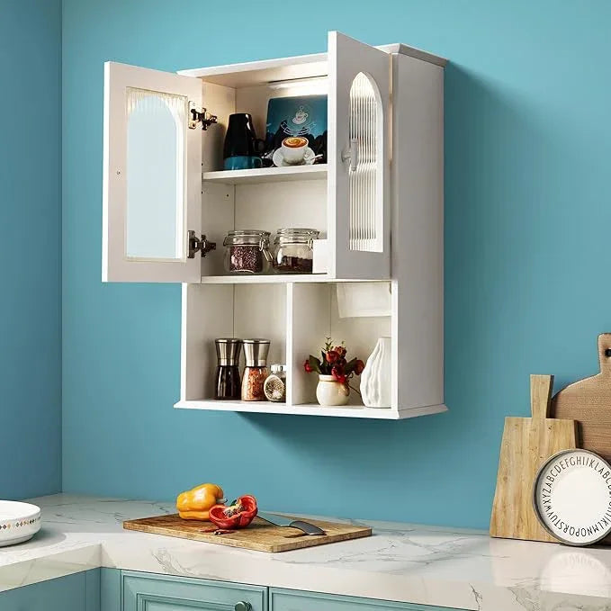 Bathroom Wall Cabinet with Lighting & Tissue Hole, Wall Mounted Glass Door Medicine Cabinet Over Toilet Storage for Laundry Room Kitchen - ModernBath