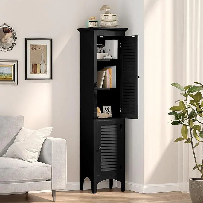 Tangkula 63" Tall Bathroom Storage Cabinet, Freestanding Narrow Linen Tower with Adjustable Shelf, Modern Slim Floor Cabinet with 2 Doors for Bathroom, Living Room, Kitchen (Black) - ModernBath