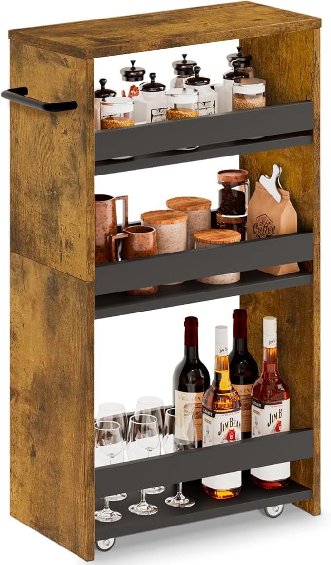 MARTY Rolling Storage Cart 7.9" W, 4-Tier Narrow Kitchen Cart with Wheels Handle, Slim Storage Mobile Shelving Utility Carts for Bathroom Laundry Room Organization Small Spaces(Rustic Brown) - ModernBath