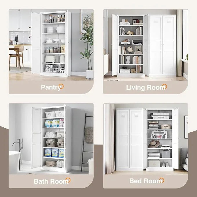 Yizosh Metal Storage Cabinet - 71" White Kitchen Pantry with 2 Doors and 5 Adjustable Shelves, 5-Tier Tall Steel Locker for Living Room, Dining Room - ModernBath