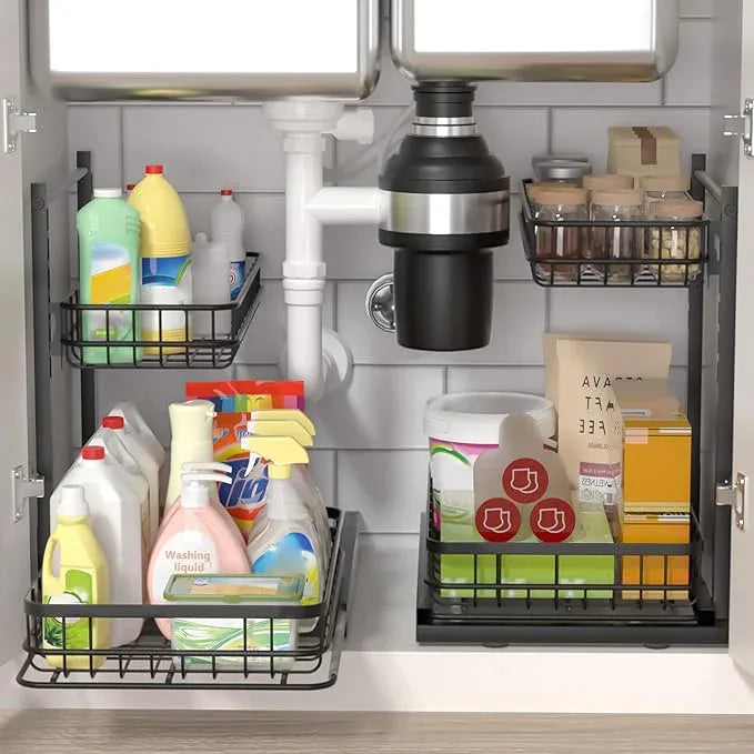 Under Sink Organizer, Adjustable Height Pull-Out Kitchen Storage Organization,15.8" x 11.8" x 16.5", 2-Tier Kitchen Shelf, Bathroom Drawer Organizer, 2 Pack|Black - ModernBath