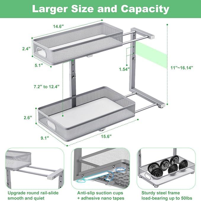 Under Sink Organizer, High Adjustable 2 Tier Under Sink Organizers and Storage, Slide Out Metal Cabinet Organizers, Pull Out Sink Storage Drawer Shelf for Kitchen Bathroom Cabinet, Grey, 2 Pack - ModernBath
