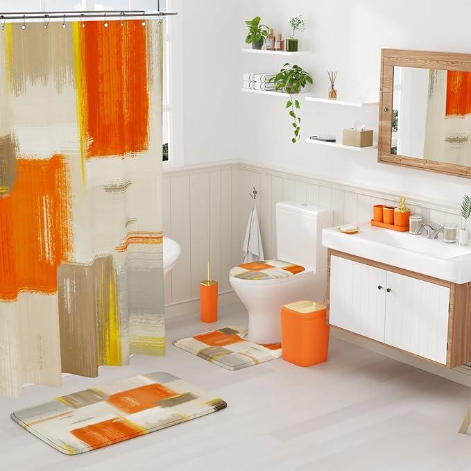 XLHOMO Bathroom Accessories Set - 25PC Bathroom Set with Shower Curtain and Rugs, Orange Bathroom Set, Bathroom Accessory Set with Press-on Lid Trash Can, Soap Dispenser and Qtip Holders - ModernBath