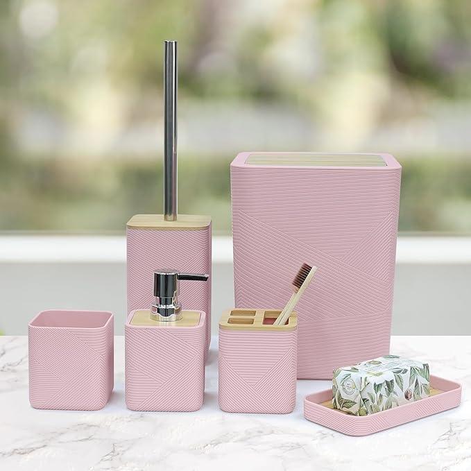 CERBIOR Bathroom Accessories Set 6 Piece Bamboo Bath Ensemble Includes Soap Dispenser, Toothbrush Holder, Toothbrush Cup, Soap Dish for Decorative Countertop and Housewarming Gift (Pink) - ModernBath