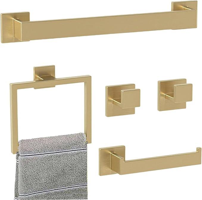 Bathroom Accessory Towel Bar Set: 5 Pieces Gold Bathroom Hardware Square SUS304 Stainless Steel - Wall Mounted Towel Rack&Toilet Paper Holder&Towel Ring and Towel Hook - ModernBath