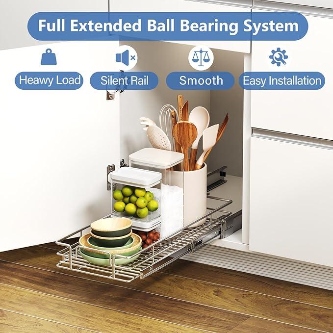 ROOMTEC Pull Out Cabinet Organizer, Cabinet Pull Out Shelves 7½" W x 21½" D, Heavy Duty Cabinet Drawers Slide Out Kitchen Cabinet Organizers Storage Shelf - ModernBath