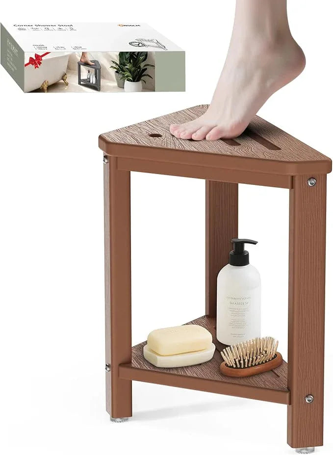 Teak Shower Foot Rest 15in, HDPE Waterproof Shower Stool for Inside Shower, Corner Shower Stool for Shaving Legs with Storage Shelf for Small Space, Shower Step Stool, Plastic Corner Shower Bench - ModernBath