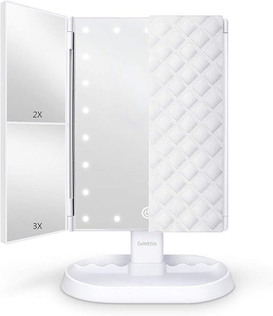 deweisn Trifold Lighted Vanity Makeup Mirror with 21 LEDs Lights,1x/2x/3x Magnification and Touch Screen Dimming,Two Power Supplies Makeup Mirror, Gift for Women - ModernBath