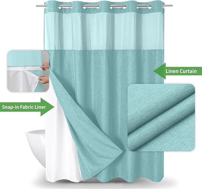 eachope No Hooks Needed Linen Textured Shower Curtain with Snap-in Fabric Liner Set,Hotel Luxury Decor Waterproof Shower Curtains for Bathroom with Mesh Top Window,Washable,71Wx74H,Teal - ModernBath