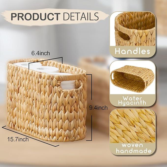 ELONG HOME Toilet Paper Storage Basket, Water Hyacinth Wicker Storage Holder for 6 Rolls Toilet Paper with Built-in Handles - ModernBath