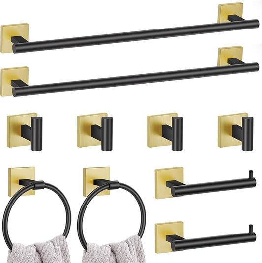 10 Pieces Black Gold Towel Bar Set, 23.6 Inch Bathroom Accessories Set SUS304 Stainless Steel Bathroom Hardware Set Towel Racks for Bathroom Wall Mounted.