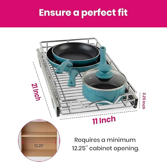 HOLDN’ STORAGE Pull Out Cabinet Organizer, Heavy Duty Caddy w/Lifetime Limited Warranty -11”W x 21”D - Requires At Least 12-1/4” Cabinet Opening, Steel Metal Cabinet Drawers Slide Out, Chrome - ModernBath