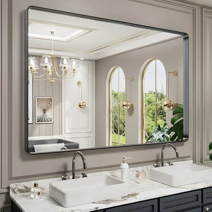 LOAAO 60X40 Inch Black Metal Framed Bathroom Mirror for Wall, Matte Black Bathroom Vanity Mirror Farmhouse, Large Rounded Rectangle Mirror, Anti-Rust, Tempered Glass, Hangs Horizontally or Vertically - ModernBath