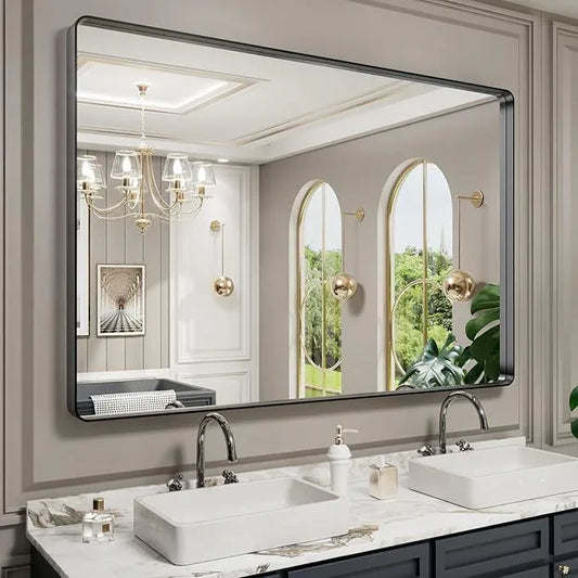 LOAAO 60X40 Inch Black Metal Framed Bathroom Mirror for Wall, Matte Black Bathroom Vanity Mirror Farmhouse, Large Rounded Rectangle Mirror, Anti-Rust, Tempered Glass, Hangs Horizontally or Vertically - ModernBath
